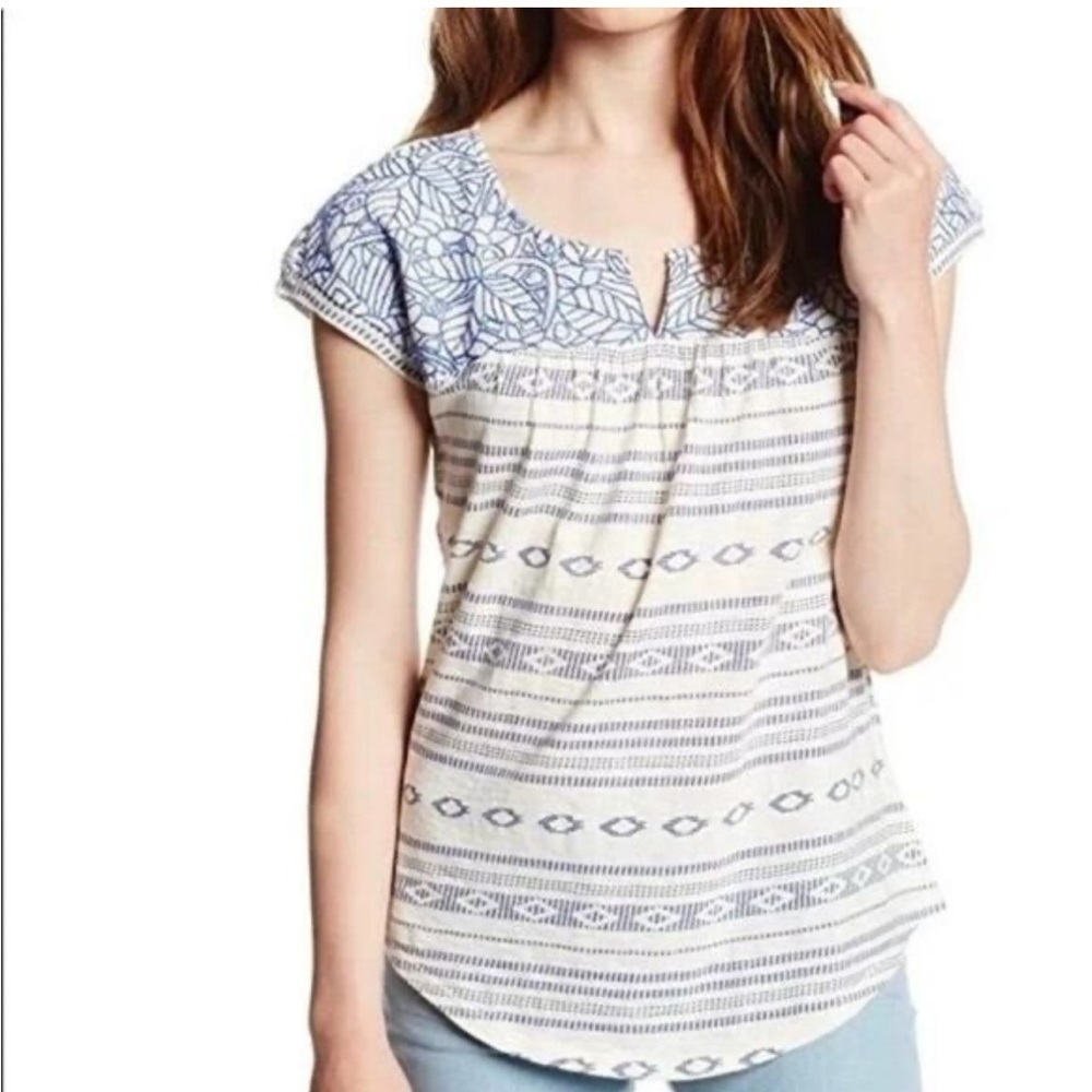 Lucky Brand Santorini Embroidered Boho Cotton Blue White Blouse Large